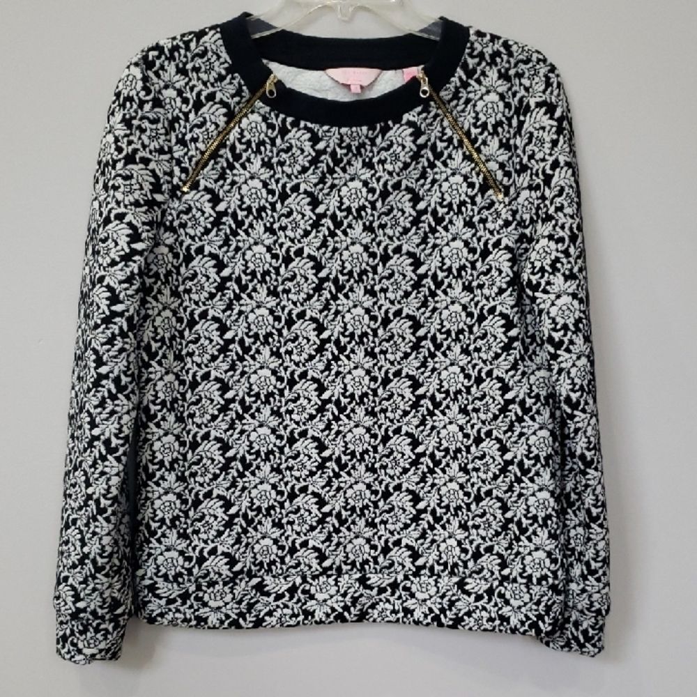 Ted Baker Top Womens 3 We Black White Jacquard Brocade Knit Top Classic Office